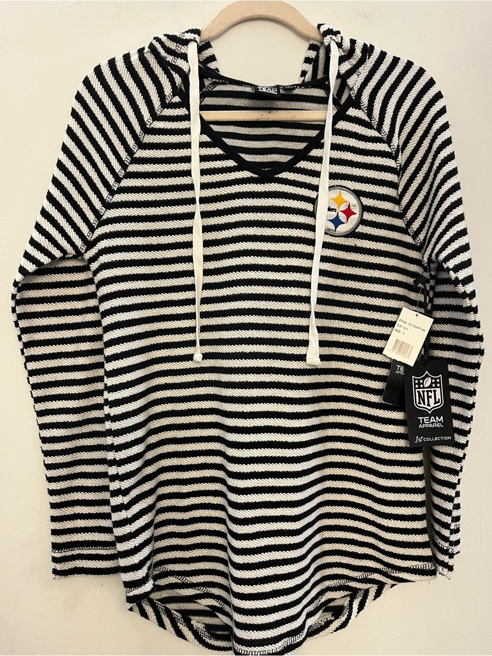 NFL Pittsburgh Steelers Black & White Striped V-Neck Hoodie Sweater